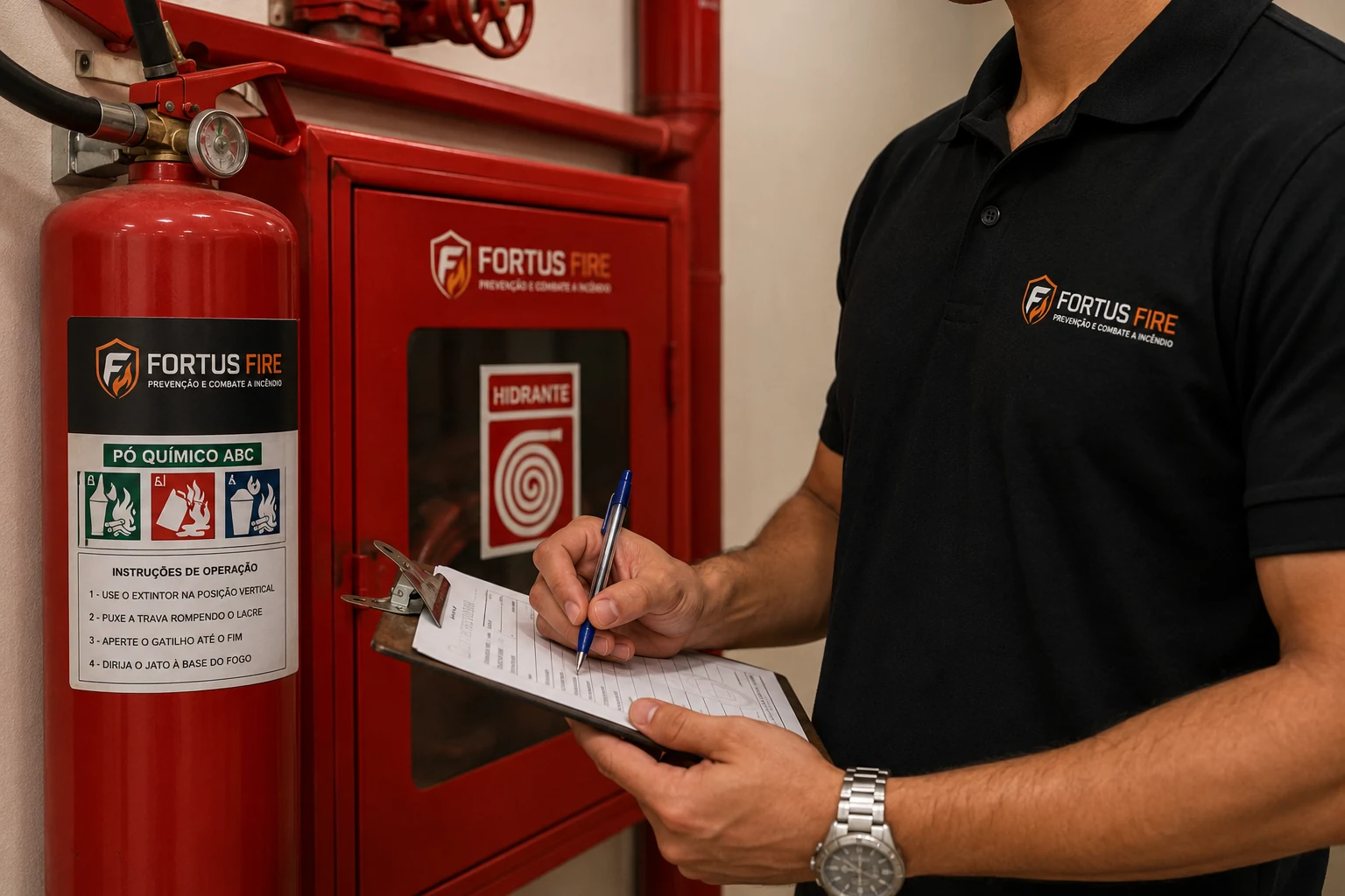 Técnico da Fortus Fire realizando inspeção de extintor e hidrante